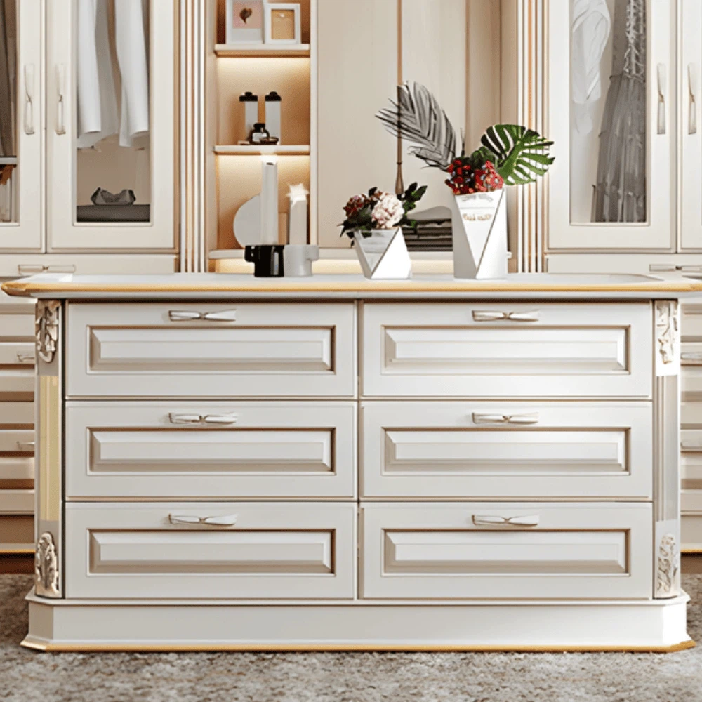 Closet island drawers with gold trim and luxury craftsmanship in custom walk in wardrobe Closet island drawers with gold trim and luxury craftsmanship in custom walk in wardrobe