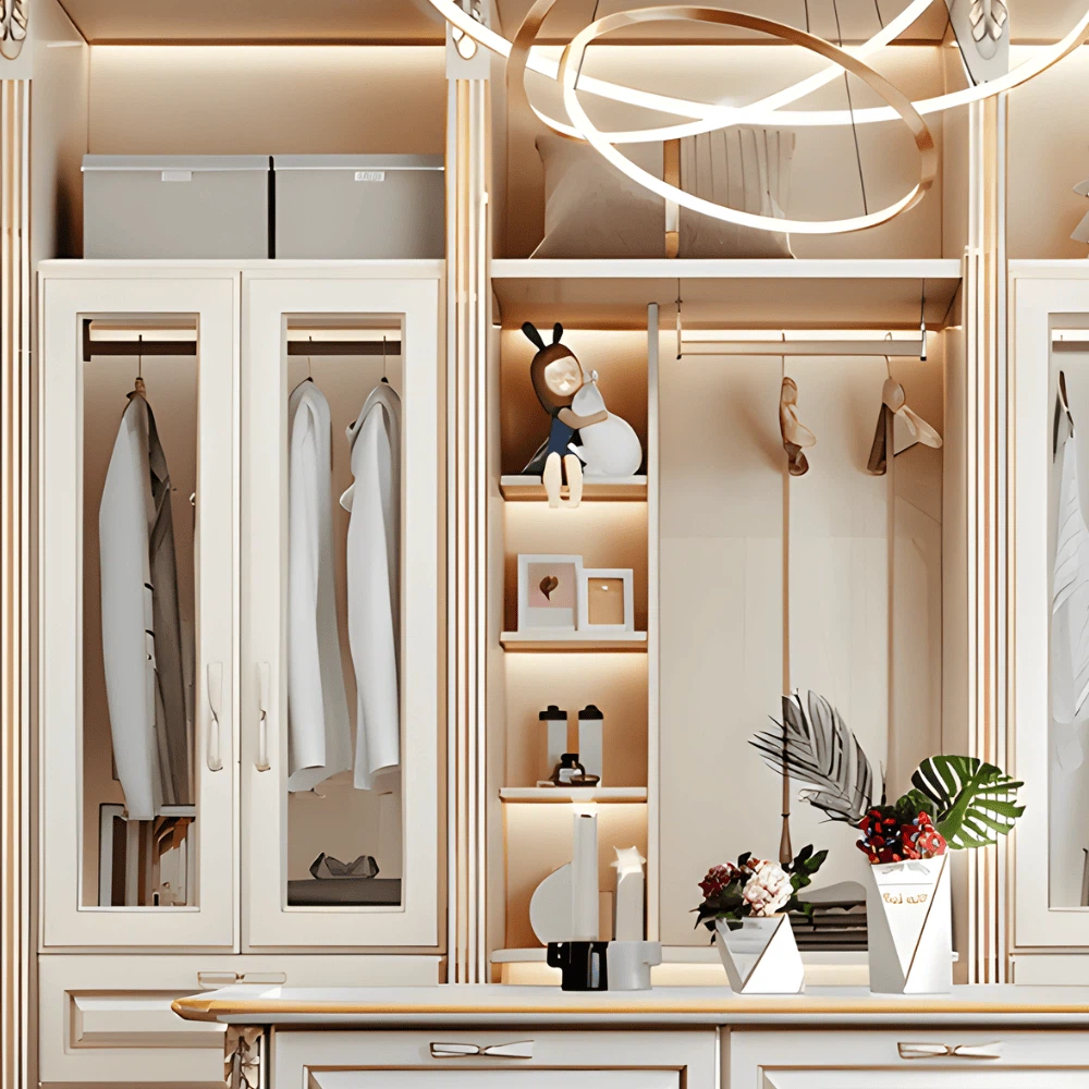 Luxury closet lighting and shelf decor showcasing elegant modern design Luxury closet lighting and shelf decor showcasing elegant modern design