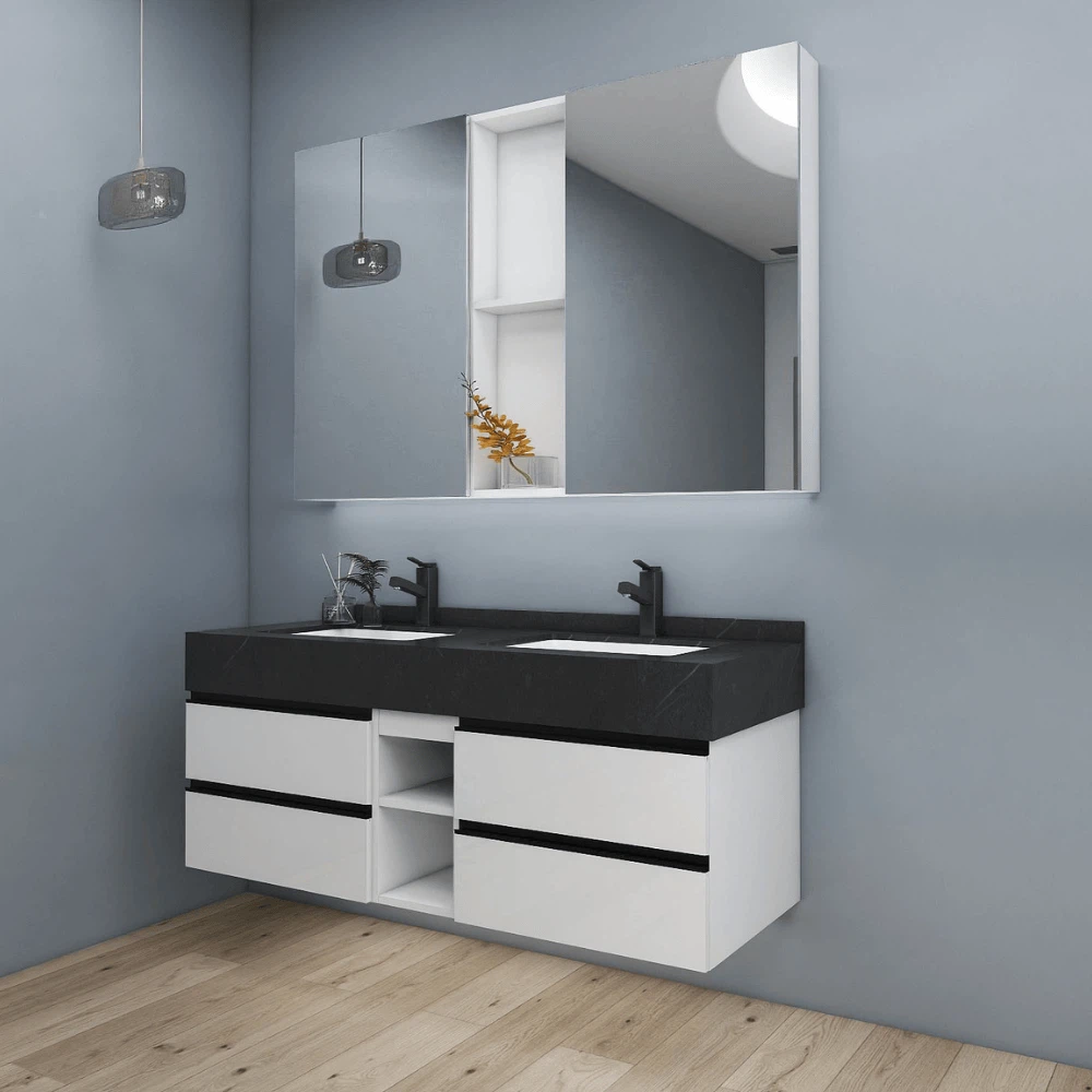 Grey floating bathroom vanity with dual sinks and open storage shelves in white cabinet design. Grey floating bathroom vanity with dual sinks and open storage shelves in white cabinet design.