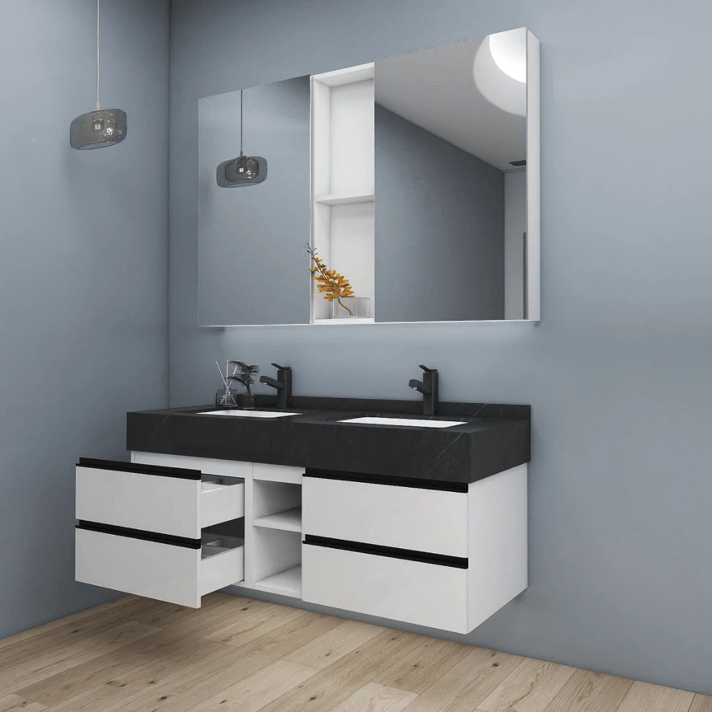 Modern wall mounted vanity with open drawers and black countertop, minimalist interior layout. Modern wall mounted vanity with open drawers and black countertop, minimalist interior layout.